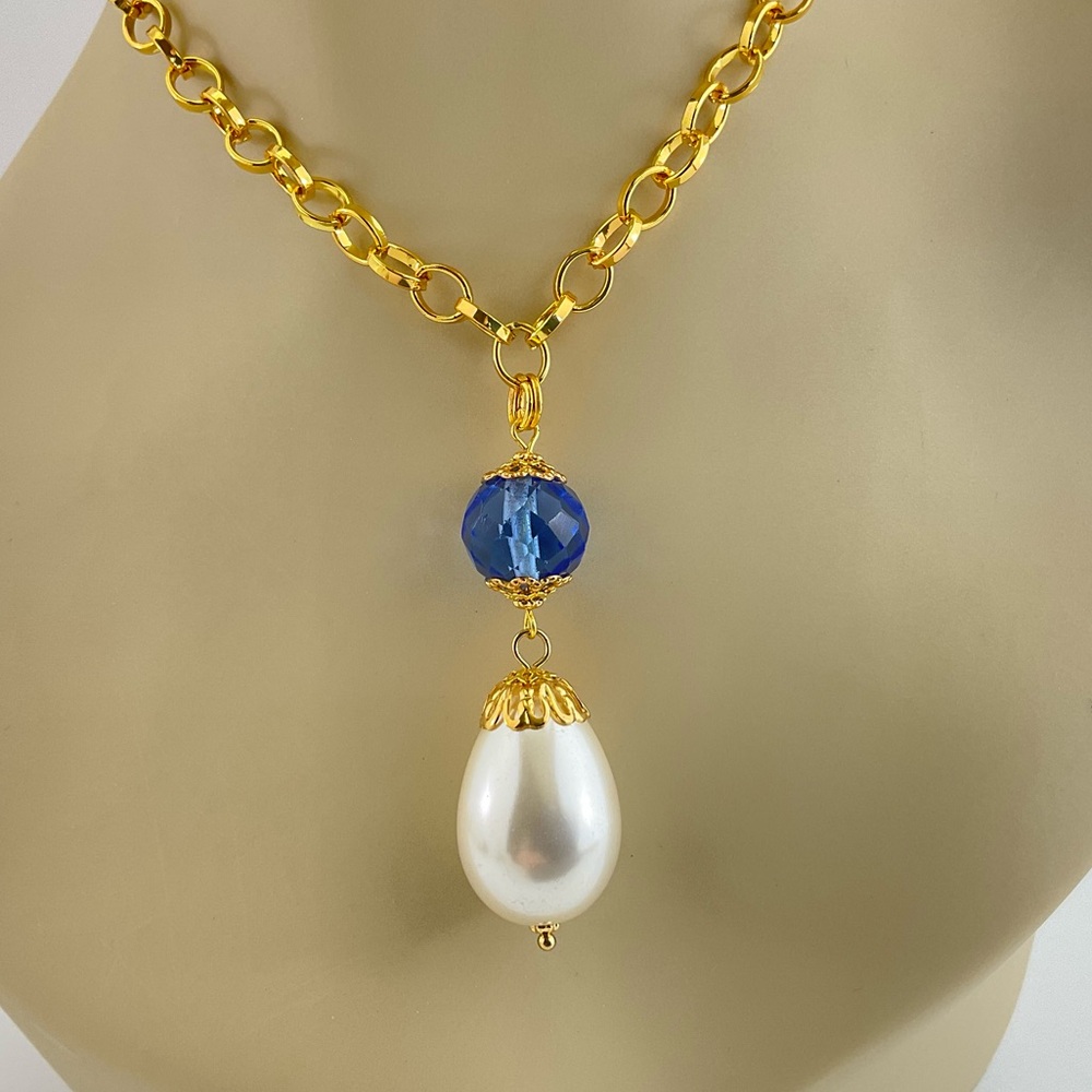 Baroque Necklace with Faux Pearl & Blue Crystal, Renaissance, Castle Core